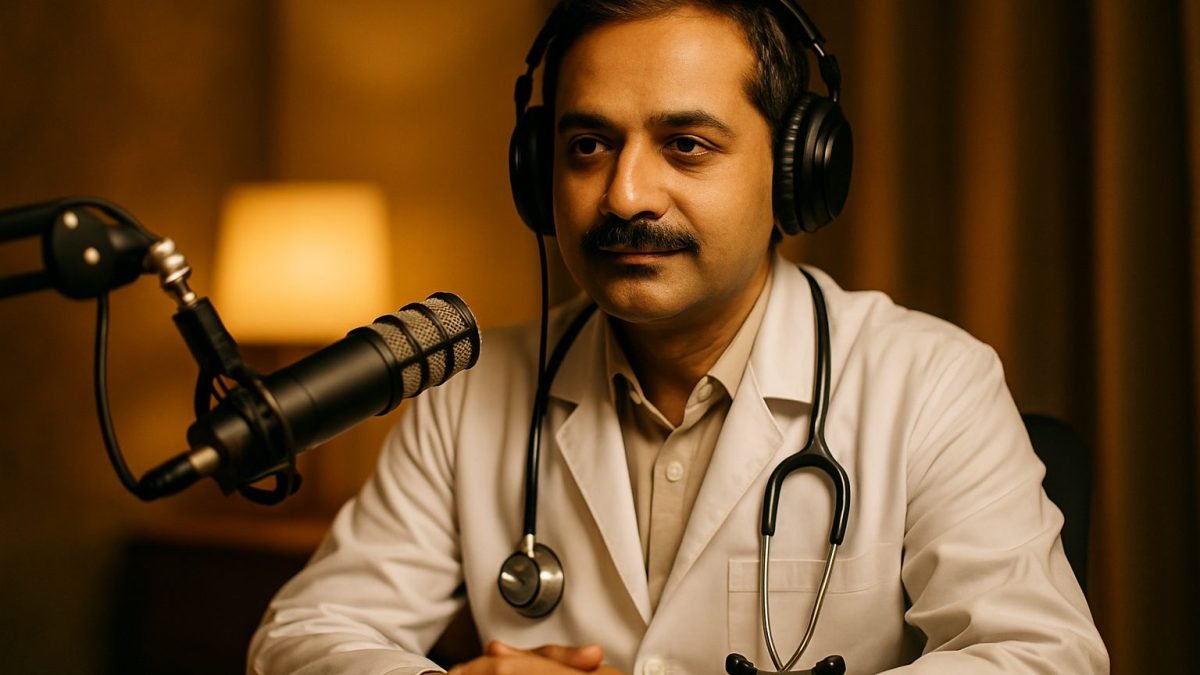 Studio mein microphone ke saath baithe doctor ka podcast recording scene