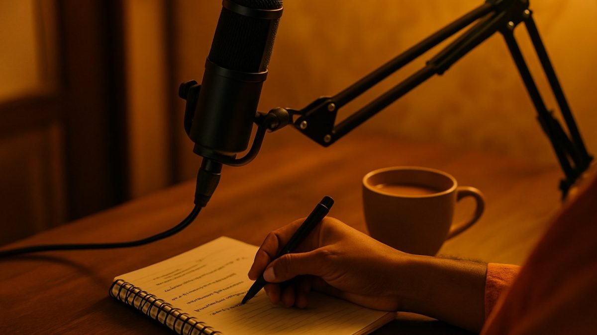 Notebook mein podcast outline aur mic ke saath creator ki desk
