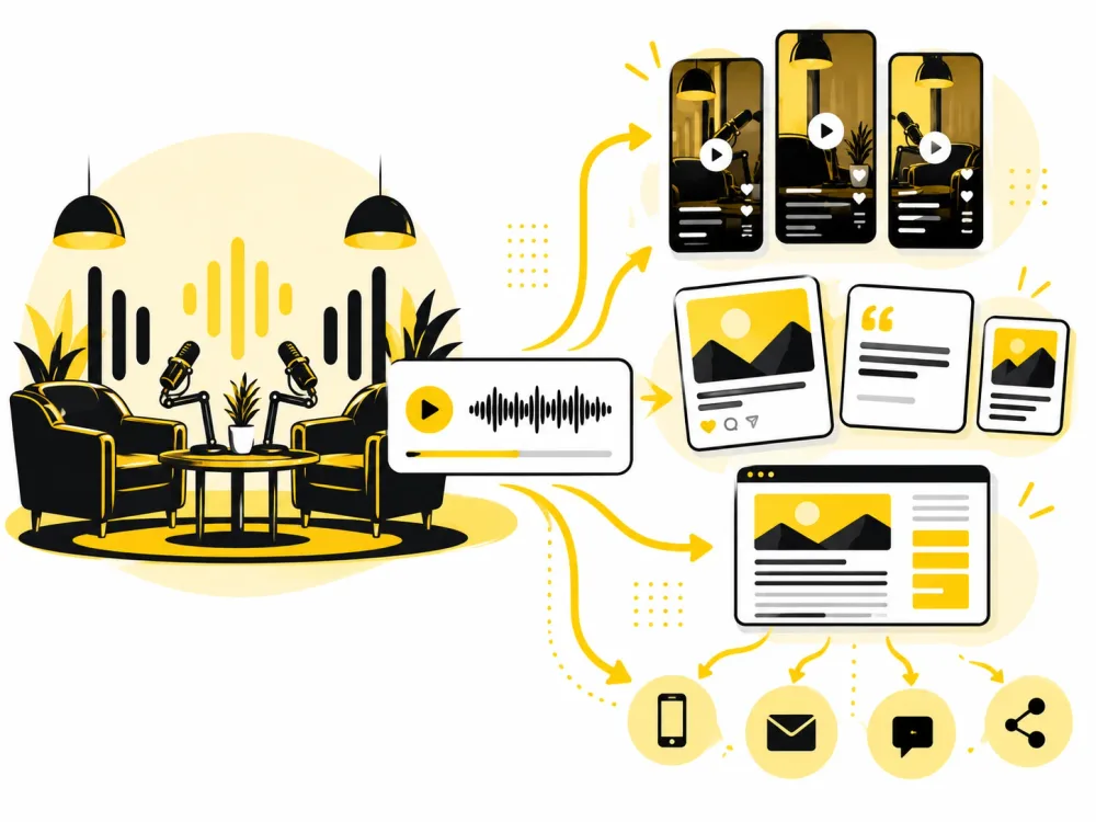 One podcast recording turning into short videos, social posts, a blog page and shares (illustration)