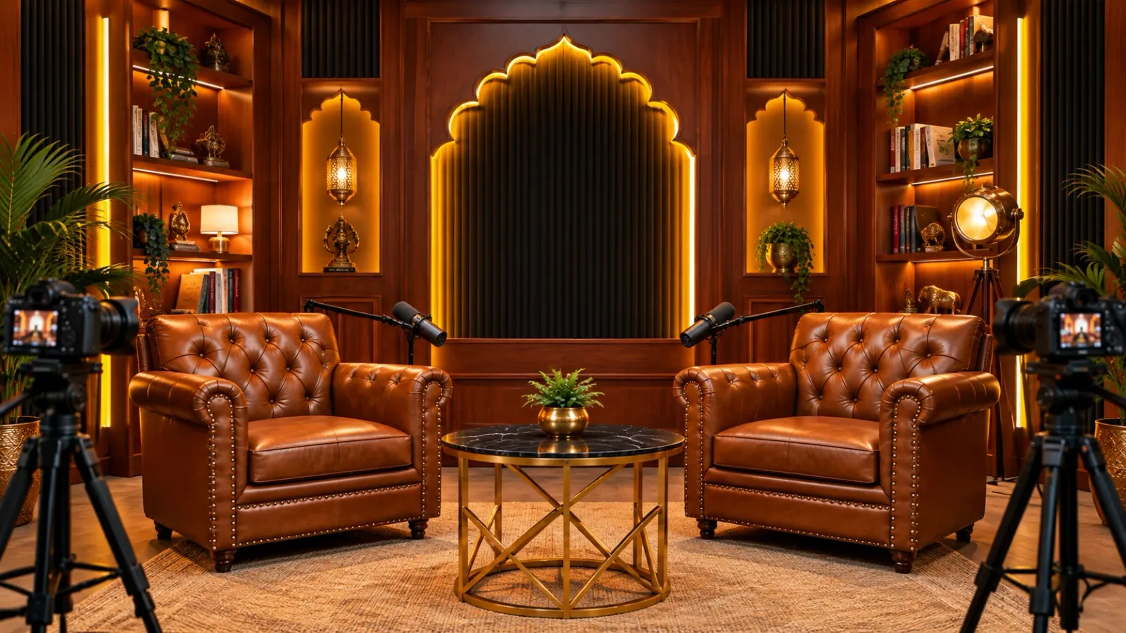 Podcast studio in Jaipur: two armchairs, microphones and two cameras in front of a Rajasthani arch backdrop (illustration)