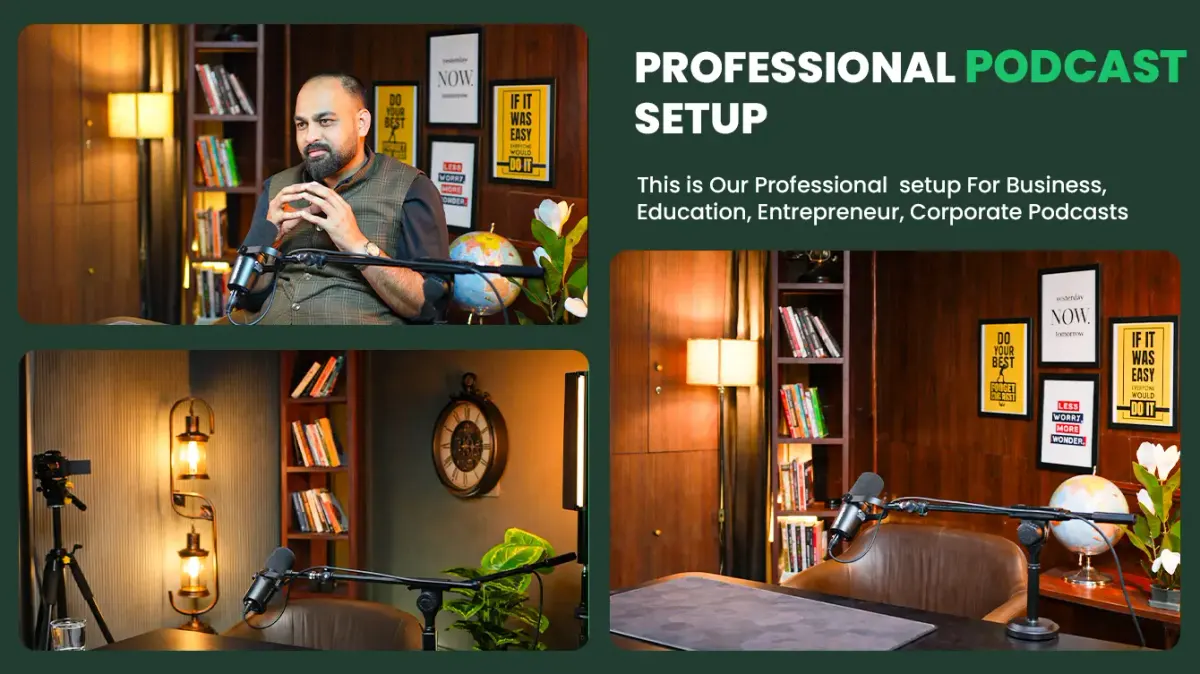 Professional podcast setup at Oskillo Studio Jaipur: studio microphones, lights and seating