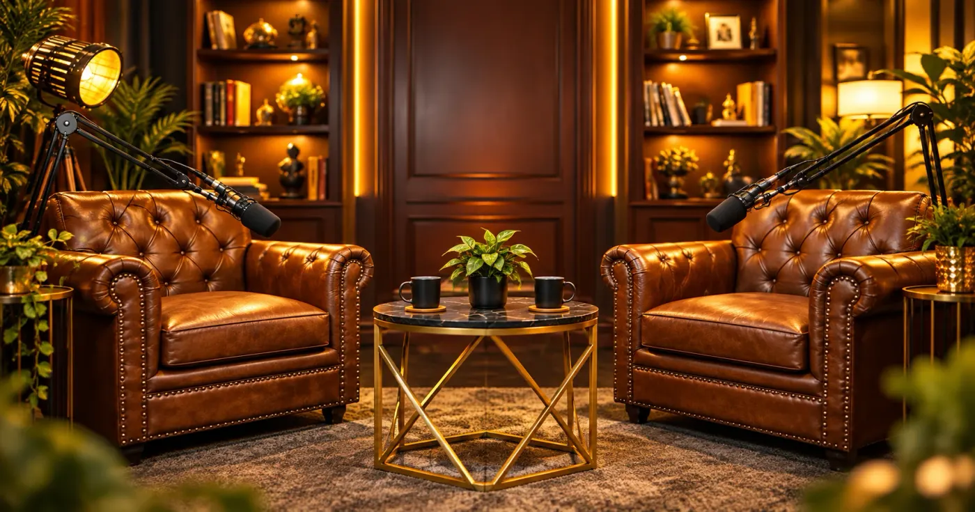 Podcast studio set with two armchairs and microphones (illustration)