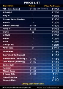 Vr Theme Park Price List